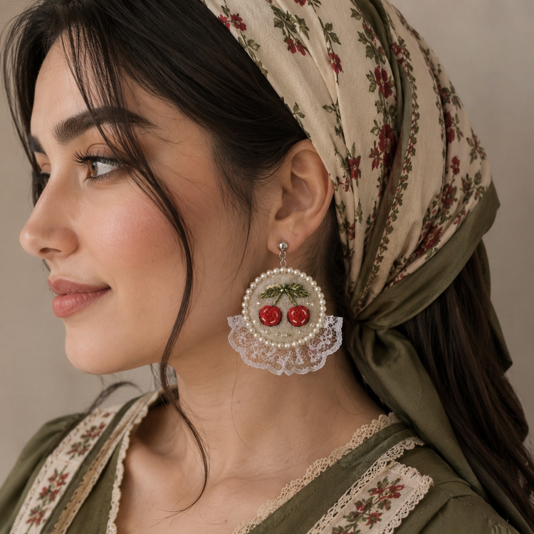گوشواره گلدوزی مدل گیلاسِ مروارید